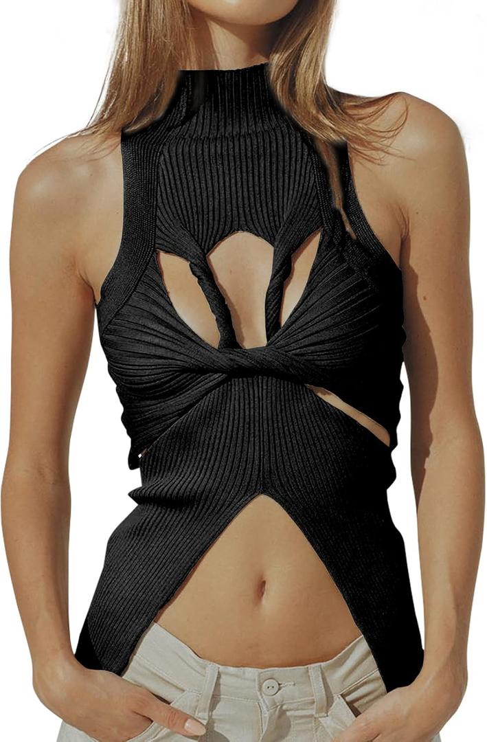 Women Strapless Crop Top Sexy Hollow Out Twist Front Knitted Tank Tops Sleeveless Y2K High Neck Cut Out Sweater Vest (Medium, Black)