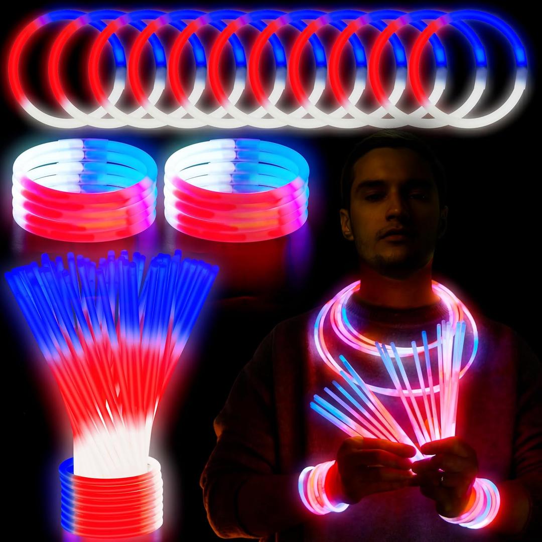 JOYIN 144 Pcs 4th of July Glow Sticks Bulk, Red White Blue 3 Colors in 1 Glow in the Dark Stick, Lightup Bracelet Necklace for Kids & Adults, Memorial Independence Day Party Accessory Favor Supply