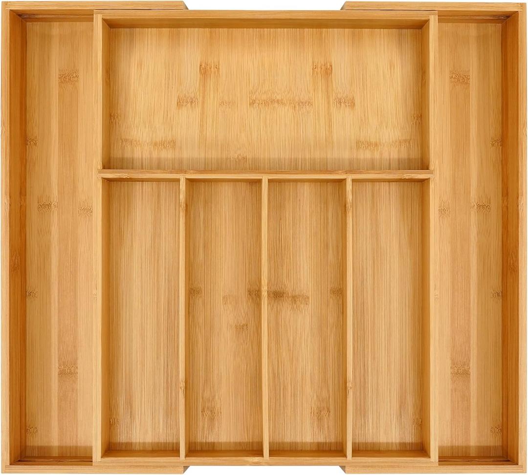 VaeFae Premium Bamboo Drawer Organizer, Expandable Silverware Drawer Organizer, Cutlery Tray with Dividers for Kitchen Utensils (Natural, Large)