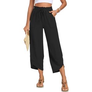 Capri Pants for Women Wide Leg Summer Beach Capris High Waist Casual Palazzo Pants Cropped Loose Pants with Pockets, Size L (Black)