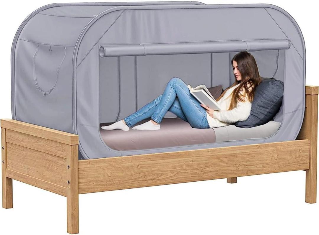 Skywin TidyFriend Twin Bed Tent, Pop-Up Privacy Canopy & Tent Beds for Kids and Adults Cozy, Light Blocking, Breathable Pongee Fabric for Sleep, Play, or Study, Collapsible Design (Modern Grey), 39.4"W x 75"L