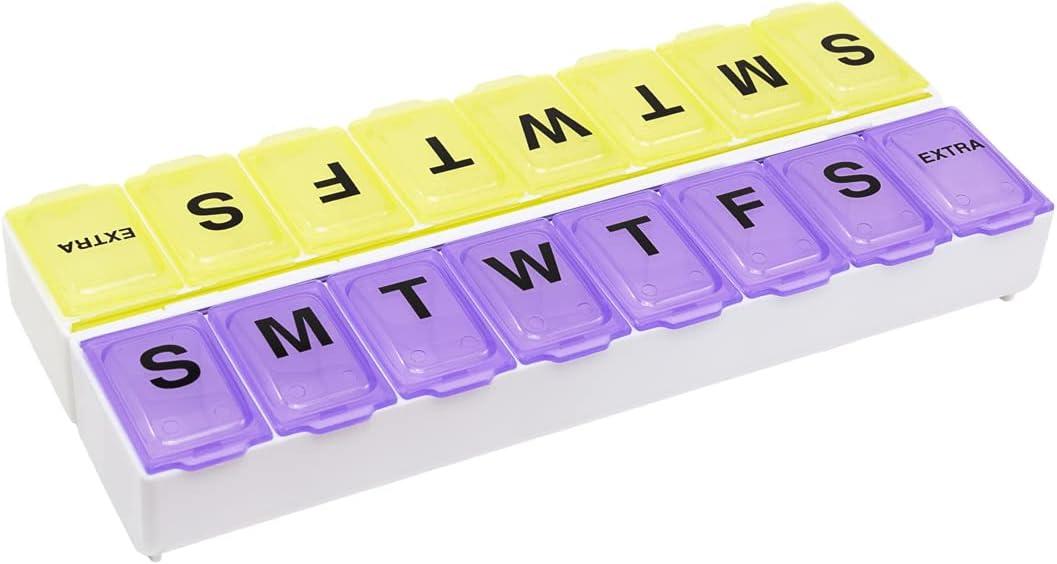 EZY DOSE Weekly (14-Day) Daily Pill Case, Medicine Planner, Vitamin Organizer, Supplement Container, 2 Detachable Weeks + Extra, Large Snap Compartments, Easy Open, Purple and Yellow, BPA Free