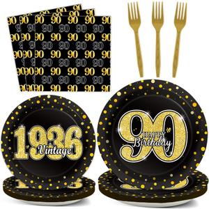 96PCS 90th Theme Birthday Party Tableware Vintage 1936 Party Supplies 90 Year Old Birthday Decorations Plates Napkins Forks Black and Gold Dinnerware Favors for Men or Women