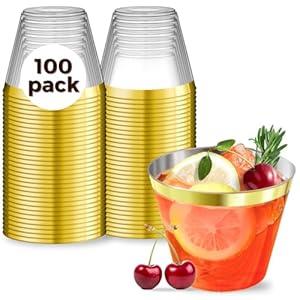 Aatriet 100 Count 9 oz Gold Rimmed Plastic Cups, Hard Plastic Wine Glasses Disposable for Cocktail Party & Wedding, 9 ounce Gold Rim Tumblers Punch Cups Reusable Party Cups