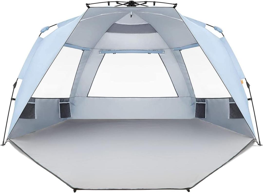 Easthills Outdoors Instant Shader Enhanced Deluxe XL Beach Tent Easy Setup 4-6 Person Popup Sun Shelter 99" Wide for Family UPF 50+ Double Silver Coating with Extended Zippered Porch Sky Blue