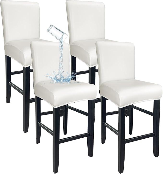 PU Leather Bar Stool Covers with Backs, Waterproof Bar Stool Chair Covers Washable & Wipeable High Back Barstool Slipcovers Chair Protctor for Pub, Counter, Cafe, Dining Room (PU White, 4 Pack)