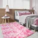 Terrug Fluffy Area Rug for Bedroom, Tie-Dyed Pink 3x5 Ft Throw Rug for Living Room Kids Room, Ultra-Soft Plush Washable Carpet with Non-Slip Rubber Backing, Cozy Floor Decoration