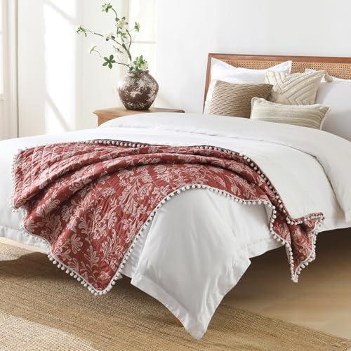 Ultra Soft Pre-Washed Quilted Throw Blanket, Floral Printed Pompom Fringed Dark Terracotta Decorative Throws, Chic Rustic Blanket for Sofa Couch Bed Chair, 60"x 80"