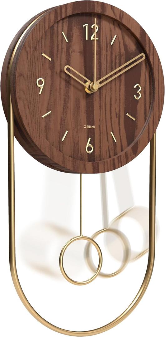 Driini Decorative Wall Clock with Pendulum (Dark)  Modern Wood, 3D Gold Numbers, Metal Frame  Small, Unique Wall Clocks for Living Room Decor or Bathroom - Battery Operated, Silent, Non-Ticking (4. Dark (Wood))