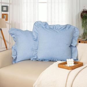 JoraLion 18x18 inch Scalloped Cotton Pillow Covers Light Blue, Farmhouse Ruffle Solid Pure Cotton Decor for Sofa Bed Couch, Set of 2, Covers ONLY