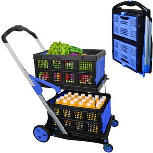 Shopping Cart with 2 Storage Crates, Multi Use Two Tier Collapsible Cart with 360 Rolling Swivel Wheels Heavy Duty Folding Trolley for Shopping, Picnic and Office