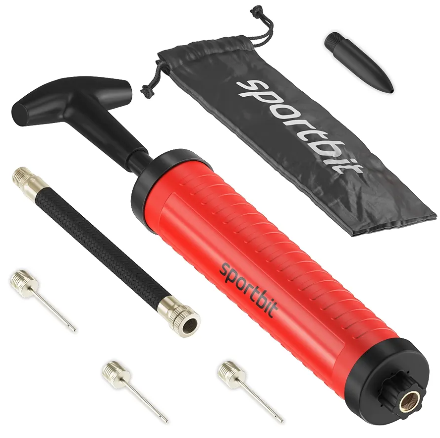SPORTBIT Ballpump for Sports Balls - Basketball Pump for Sport Balls - Football & Soccer, Basketball, Volleyball Pump, Swim Inflatables - Hand Air Pump with 3 Needles, Nozzle, Extension Hose, Pouch 