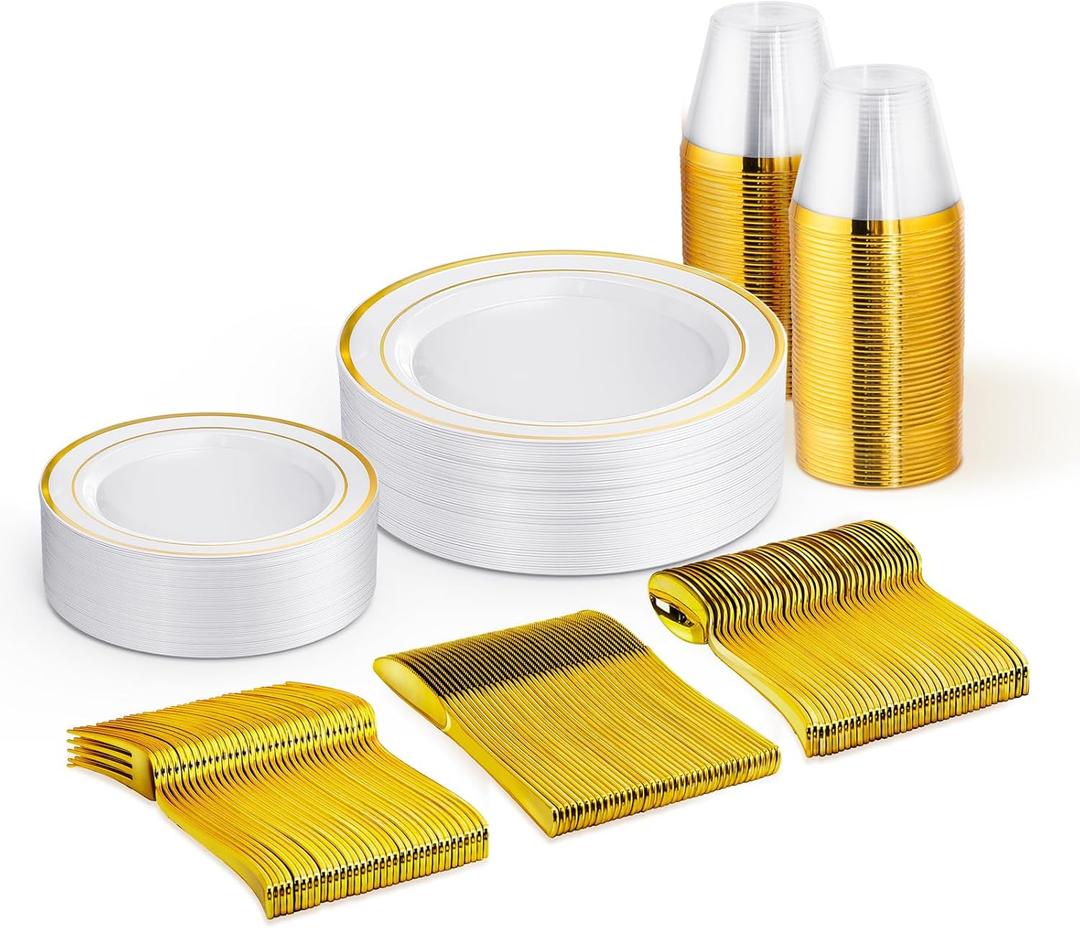 150 PCS Gold Disposable Dinnerware Set for 25 Guests, Gold and White Plastic Plates for Party, 25 Dinner Plates, 25 Salad Plates, 25 Cups, 25 Forks Knives Spoons for Wedding and Party Supplies
