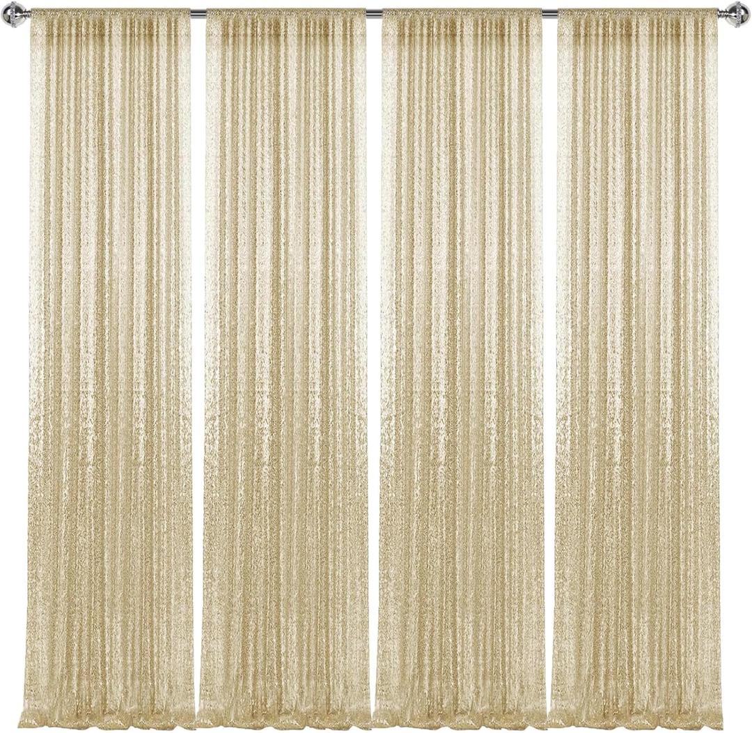 28FT-4PCS Champagne Sequin Backdrop Curtains Panels, Photography Backdrop Glitter Curtains Fabric Background for Christmas Wedding Party Decor