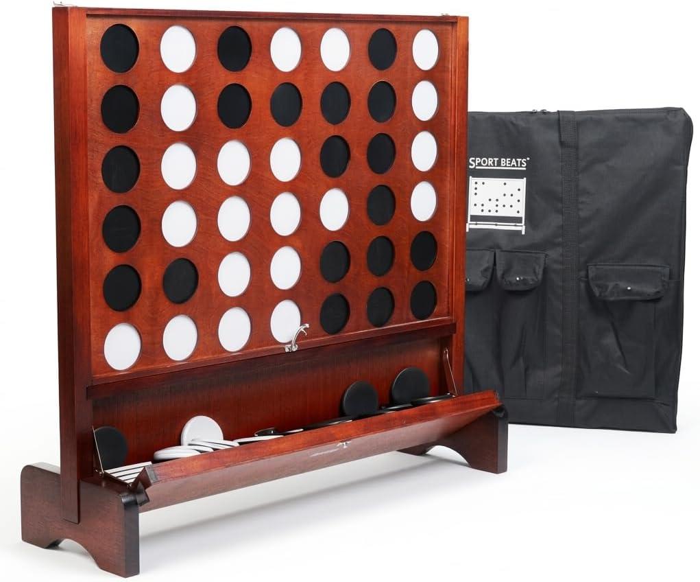 Giant Wooden 4 in A Row Game with Folding Catch Tray, Wall-Mountable or Ground Play, Indoor Outdoor & Backyard Game, Includes Carry Case and Detachable Legs