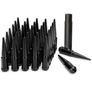 Dynofit 14x1.5 Spike Lug Nuts for Chevy GMC Silverado Sierra 2500 3500, 32pcs One-Piece Design Spiked Lug Nuts with 1 Key Fit F250 F350 Truck, Aftermarket Black Hex Drive Bullet Nut for 6&8 Wheel