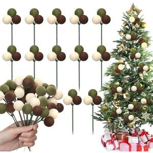 Syhood 12 Set 7.9 Inch Christmas Ball Picks and Sprays Shatterproof Xmas Brown Dark Green Beige Ball Ornaments on Wired Picks for Christmas Tree Vase Wreath Stairs Garland Decoration Supplies