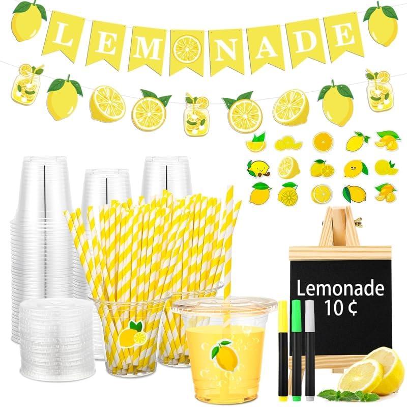 Lemonade Stand Supplies 50 Pcs Lemonade Cups with Lids and Straws, 2 Pcs Lemonade Banners, Wooden Blackboard and Lemon Stickers for Summer Lemon Birthday Baby Shower Party Decor