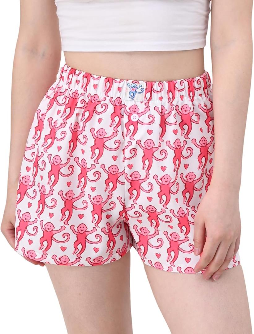 Women Preppy Pajamas Pant, Comfy Monkey Y2K Lounge Pants Wide Leg Drawstring High Waist Pjs Bottoms