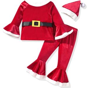 HIHA Toddler Little Girls Long Flare Sleeve Tops Bell Bottom Pants Outfit with Headband (3-4T, Christmas-Santa)