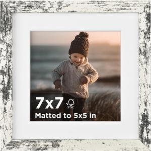 KINLINK 7x7 Picture Frame Rustic White Set of 1, Wooden Square Photo Frame Matted 5x5 with Plexiglass for 5x5 with Mat or 7x7 without Mat for Table and Wall Display