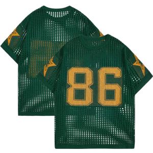 Verdusa Men's Jersey Shirt Y2k Tops Baggy Crochet Short Sleeve Letter Print Vintage Lightweight Pullover Sweater (Medium, Yellow Green)