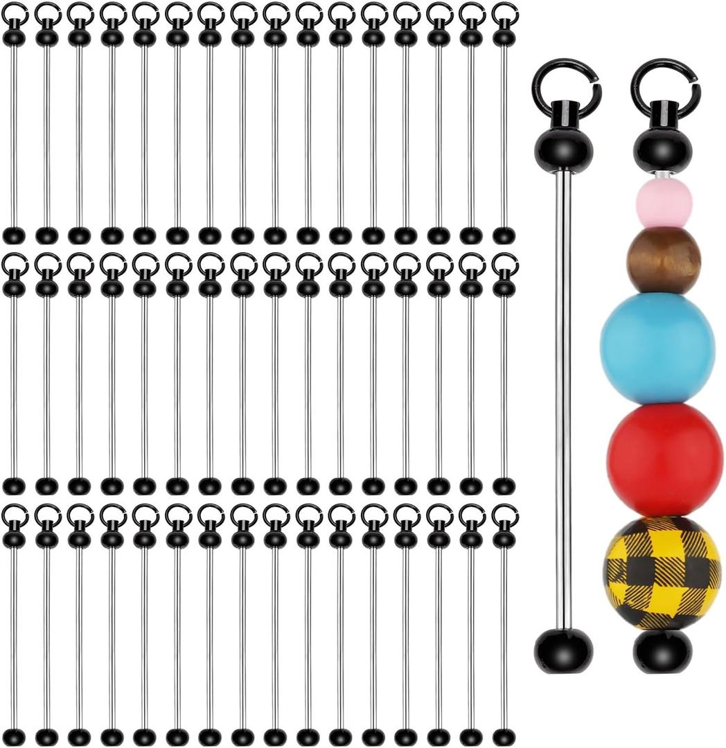 50pcs Blank Beadable Keychain Bars, Metal DIY Focal Bead Keychain Easy to Detachable Beaded Key Chain Making Accessories for Craft Item Project Pendant Kit Supplies (Black)