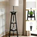 3 Tier Shelf Floor Lamps, Wood Tripod Floor Lamp, Large Linen Lampshade, 3 Color Temperature LED Bulb Included, Modern Shelf Floor Lamp for Living Room Bedroom Beige and Black BE25LD05