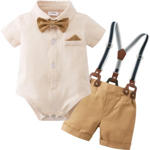 YUEMION Infant Baby Boy Clothes Gentleman Outfits Suits Summer Short Sleeve Bowtie Bodysuit Shirts + Suspender Shorts(0-24M) (12-18 Months)
