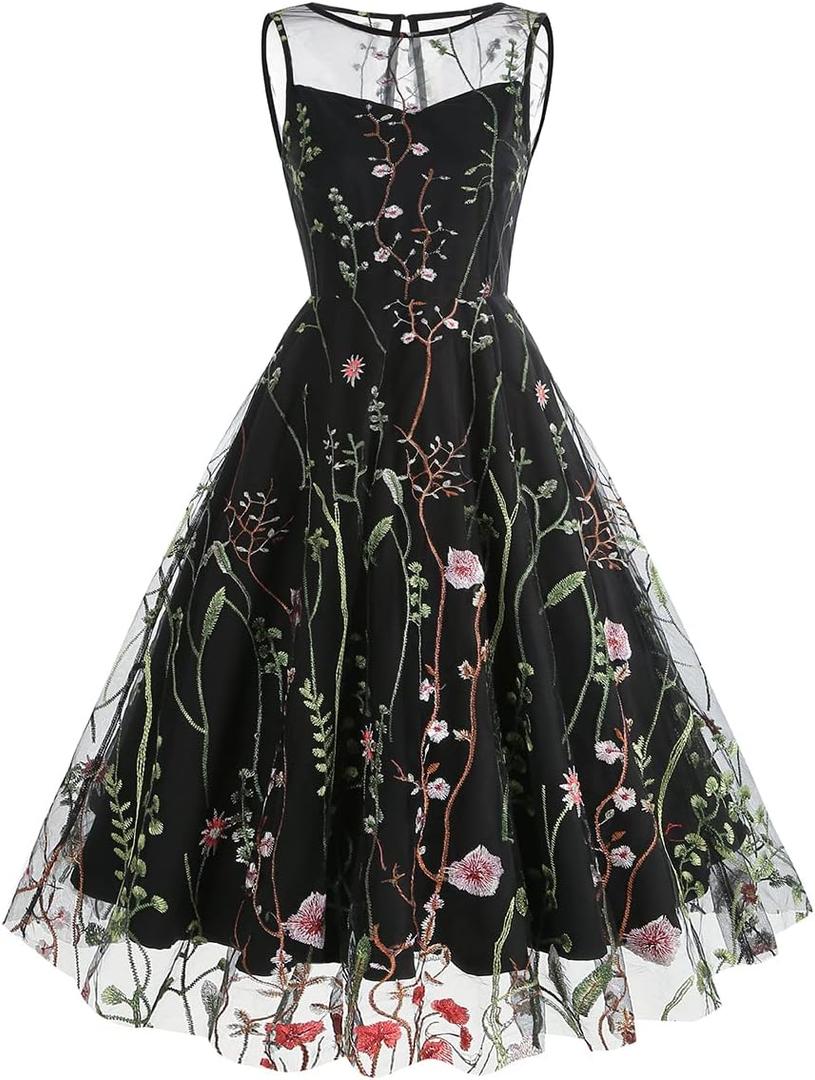 Women Keyhole Floral Embroidery Dress Sheer Mesh Illusion Vintage Cocktail Swing Dress Wedding Party Prom Tulle Evening Dress (Black, XXL)