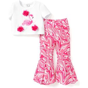 PATPAT Girls Clothes Size 5-6 2Pcs 3D Short Sleeve Crop Top Floral Bell Bottom Summer Clothing Sets Rosy Pink Swan Easter Outfits Girls Clothes For 5-6 Tween Clothes Trendy