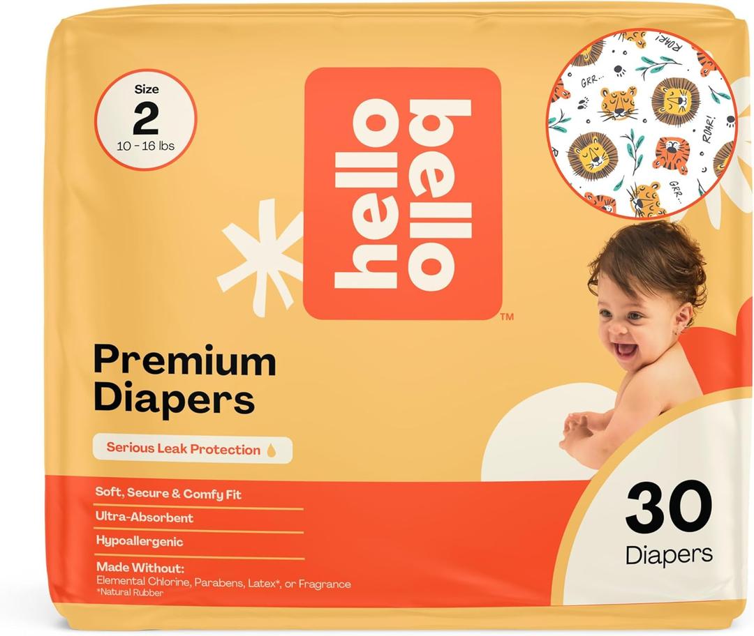 Hello Bello Diapers, Size 2 (10-16 lbs) Wild Cats, 30 Count of Premium Disposable Baby Diapers, Hypoallergenic with Soft, Cloth-Like Feel