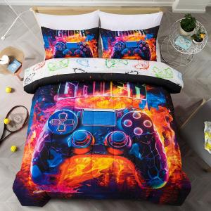 Holawakaka Twin Size Gaming Console Bed in A Bag 5 Pieces for Boys Gamer Comforter Set with Sheets for Kids Teens Flame Video Gamepad Quilt Bedding Sets, (Red Twin)