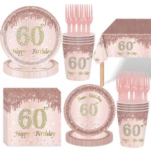 121Pcs 60th Birthday Party Supplies Plates Napkins Cups Forks Tablecloth Rose Gold Happy 60th Birthday Themed Disposable Tableware Decorations Serves 24 Guests for Women 60 Years