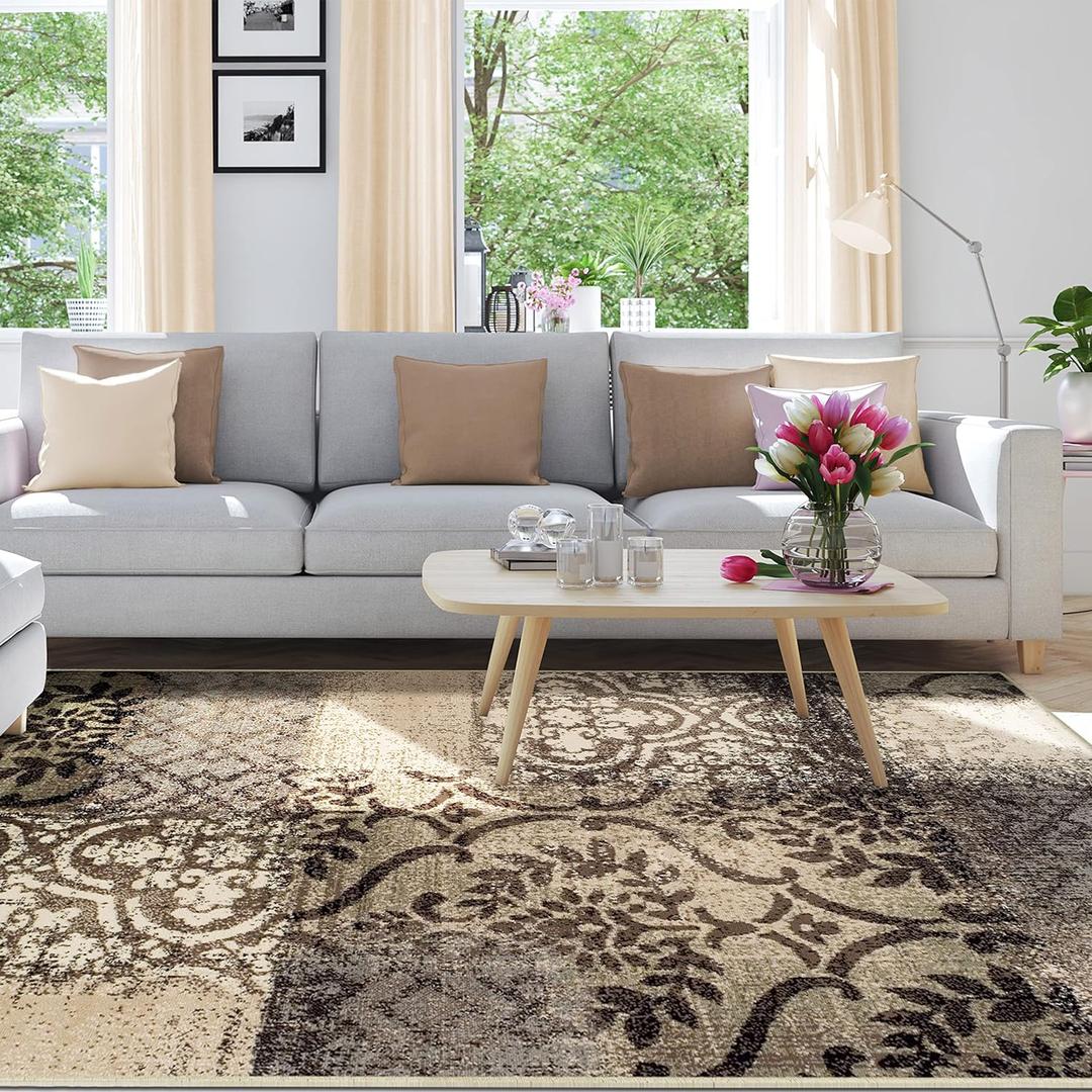 Superior Indoor Area Rug, Plush Carpet Cover, Perfect for Hallways, Entry, Office, Living Room, Hardwood, Tile or Carpet Cover, Distressed Abstract Damask, Bristol Collection, 10' x 14', Beige-Brown