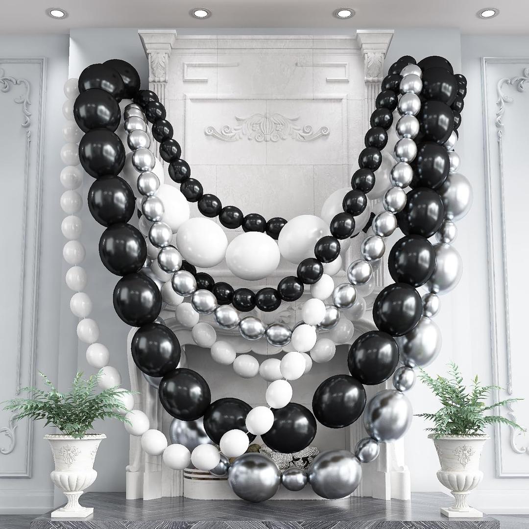 Black White and Gold Linking Balloons, 90PCS Black Gold and White Balloon Arch, Metallic Silver Quick Linked Connecting Balloon for Wedding Birthday Baby Shower Graduation New Year Party Decorations (6+10 inch)