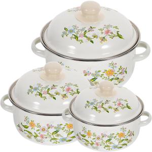 Luxshiny 3-Piece Mini Enamel Soup Pot Set with Handles Small Stockpots for Cooking Noodles Soups Sauces and Baby Food Flat Bottom Heat Resistant Cookware for Kitchen