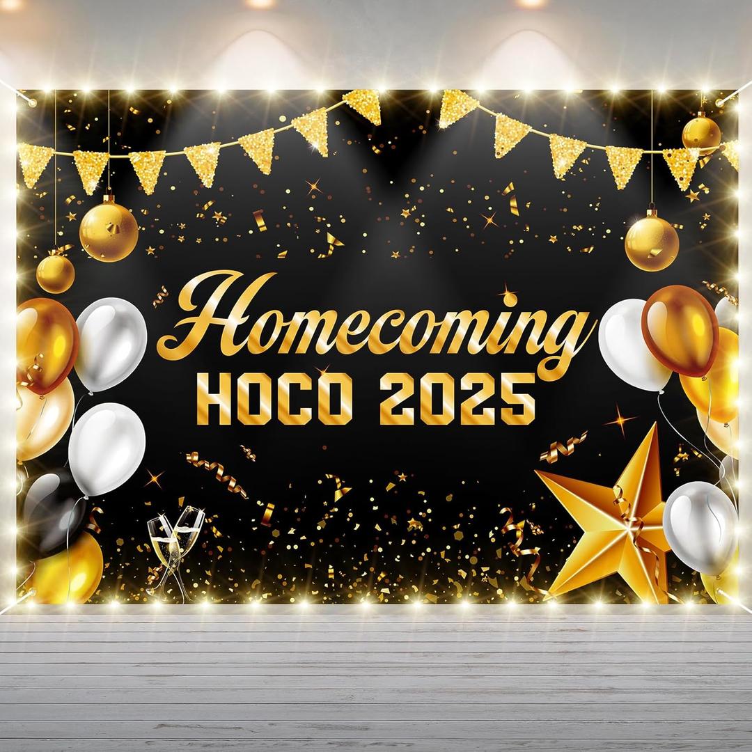Breling HOCO 2025 Decorations Lighted Large Homecoming Banner Black and Gold HOCO Photo Backdrop with LED Light Homecoming Night Decor Party Supplies for Students(7 x 5ft, Not Include Battery)