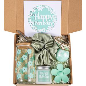 JTEWB Birthday Gifts For Women, Teen Girl, Her, Happy Birthday Gift Box For Girl, Women, Sister, Daughter, Friends, Cute Daisy Aesthetic Glass Cups Gift Set 7pcs (Mint Green)