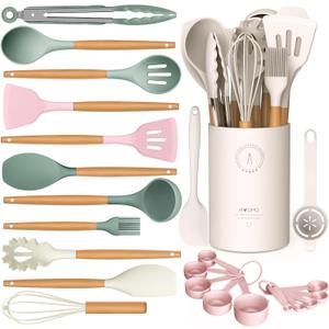 Silicone Cooking Utensils Set - Silicone Kitchen Utensils for Cooking Wooden Handles, 446F Heat Resistant Kitchen Utensil Spatula Sets w Holder, Gadgets for Non-Stick Cookware BPA FREE (Multicolour)