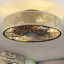 Modern Boho Rattan Flush Mount Ceiling Fans with Lights and Remote Control Low Profile Bladeless Ceiling Fan Timer and 6-Speed Reversible Motor for Bedroom, Kitchen, Dining Room Include Bulbs