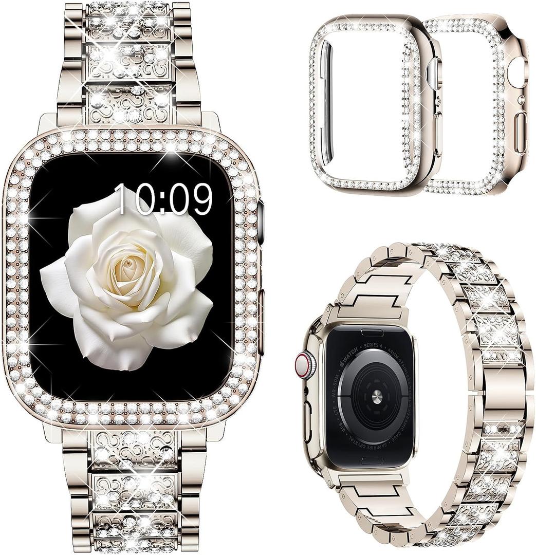 Mosonio Compatible with Apple Watch Band, with 2 Pack Case Women, Jewelry Replacement Metal Bands Strap with Bling PC Protective Case for iWatch, Size: 40mm (Series 6/5/4/SE)