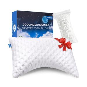 Cooling Side Sleeper Pillow for Neck and Shoulder Pain, Luxury Shredded Memory Foam Curved Bed Pillows for Sleeping Set of 1- Adjustable Queen Size- Washable Cover Crescent White