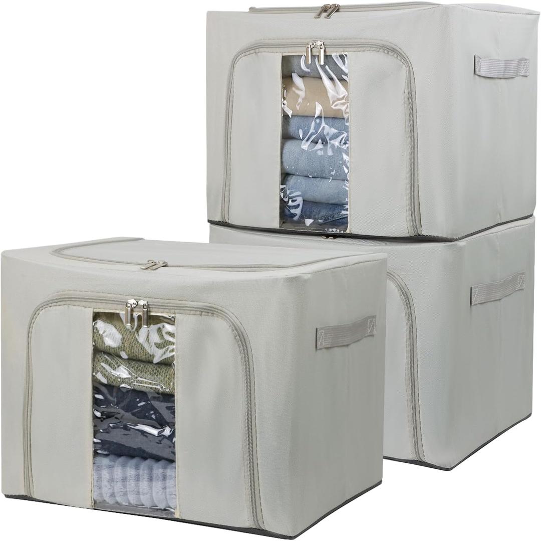 36L Clothes Storage Bins with Metal Frame, 3 Pcs Stackable Clothing Storage Boxes Containers with Lids, Foldable Oxford Fabric Clothes Organizer Bags Closet Organizers Organizing Bin for Sheet