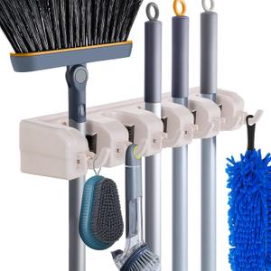 HYRIXDIRECT Wall Mount Broom Mop Holder Hanger Garden Tool Organizers Rack Garage Laundry Room Organizations and Storage with Hooks Heavy Duty (Beige)