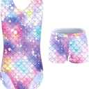 Mermaid Gymnastics Leotards for Girls 4-13 Years Old Toddler Kids Dance Tumbling Outfit Matching Shorts Set Birthday Gifts (Sk36) Size: 12-13 Years