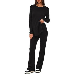 Darong Womens 2 Piece Pajamas Sets Ribbed Knit Lounge Sets Long Sleeve Top and Pants 2024 Fall Matching Outfits (Small, Black)