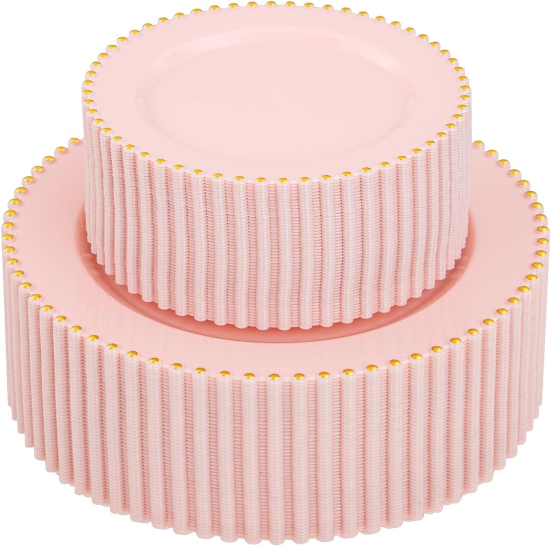 supernal 100pcs Pink Plastic Plates with Gold Beads Plates Disposable Heavy Duty Valentine's Day Decorations Includes 10 inch Dinner Plate and 7 inch Dessert Disposable Plate for Party,Wedding