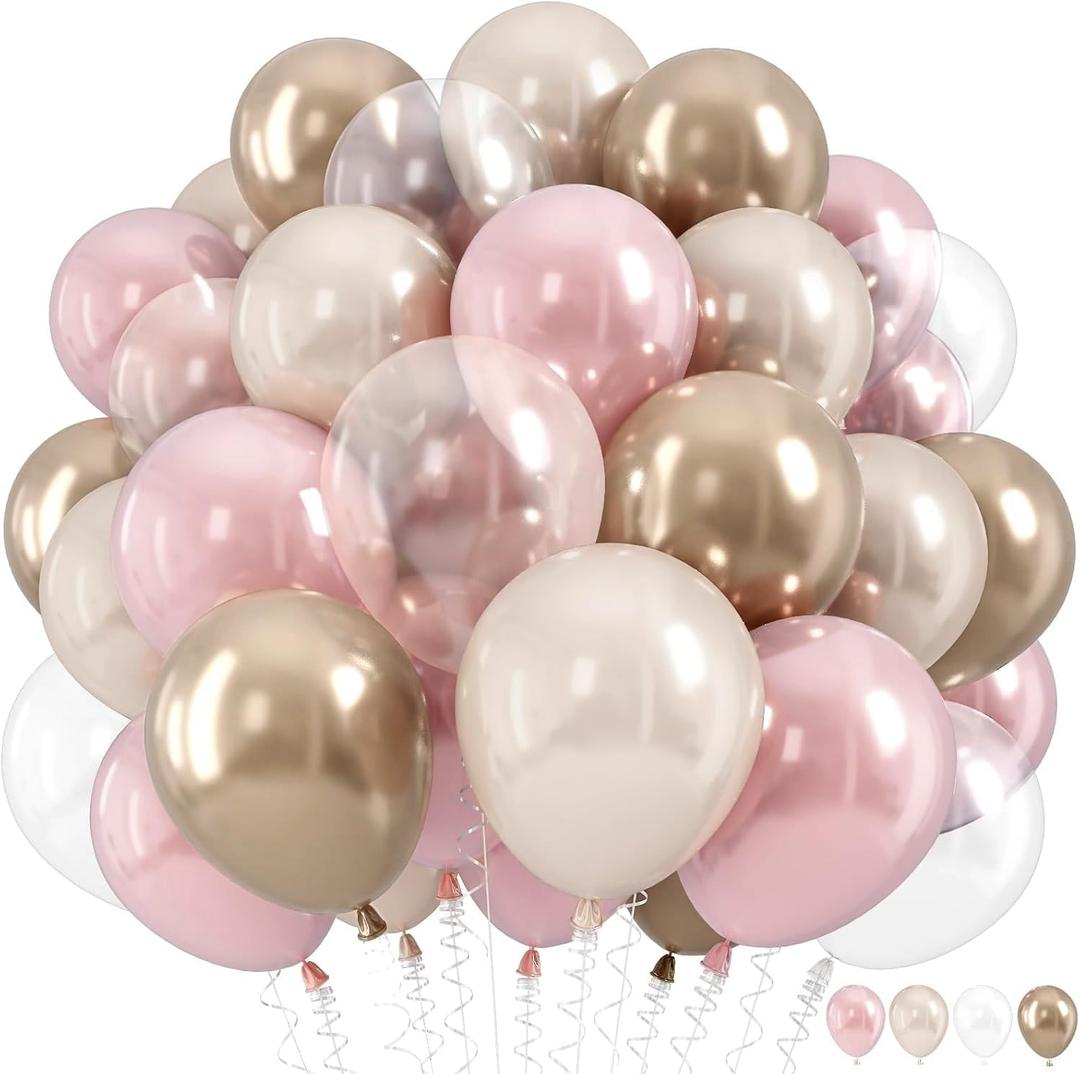 Dusty Pink and Gold Balloon, 12 Inch Double Stuffed Pearl Pastel Blush Pastel Pink Light White Metallic Gold Latex Balloons for Women Girls Birthday Baby Bridal Shower Wedding Boho Party Decorations