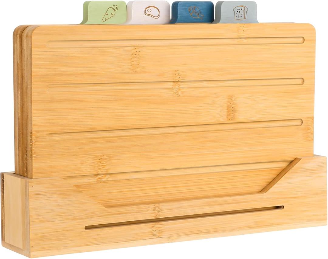 Bamboo Cutting Board Set of 4 with Labeled Food Icon for Kitchen- Wood Cutting Board with Stand Chopping Boards Set with Holder for Meat, Fish, Bread, Vegetable Chopping